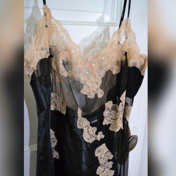 Fredrick's of Hollywood Satin and Mesh Gown with Champagne Beaded Lace Details - Picture 2 of 8